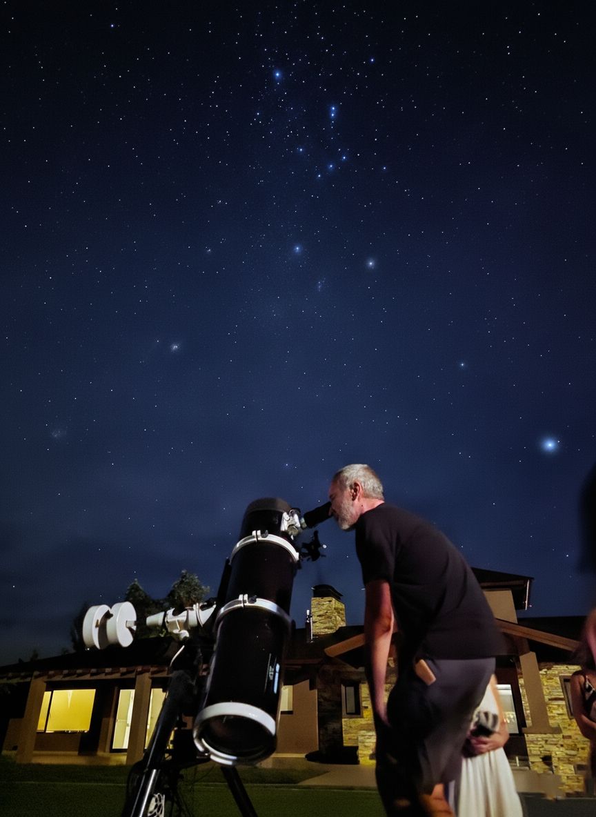Hombre observando con telescopio frente a Los Alerces Resort, con Orión en el cielo